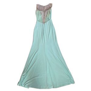 La Femme Womens Sheer Back Embroidered Bodice Gown Maxi Dress Aqua Beige Size 00
